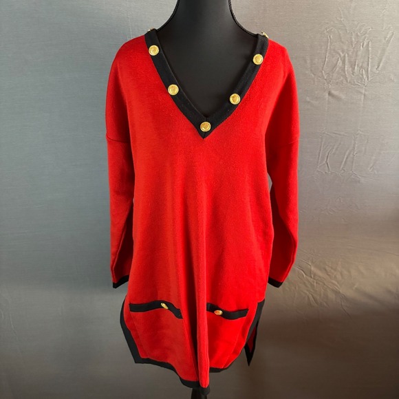 Nordstrom Red Merino‎ Wool Sweater Dress Gold Buttons Black Trim Made Italy
